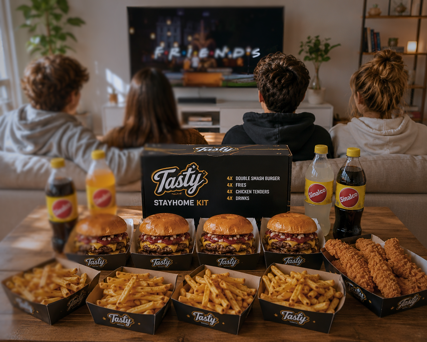 #stayhome kit:
4 Double Smash Burger,
4 Fries,
4 Getränk und
4 Stk. Tenders